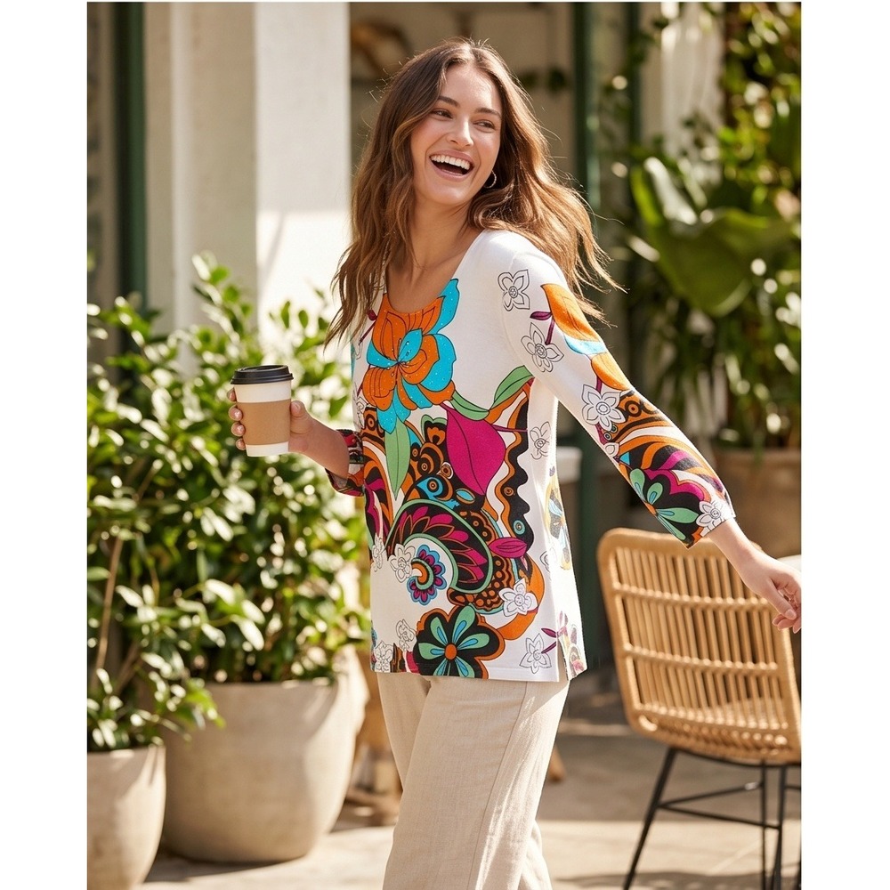 RQT Woman Floral Blouse 2X Orange Blue Paisley Embellished Long Sleeve NWT $54